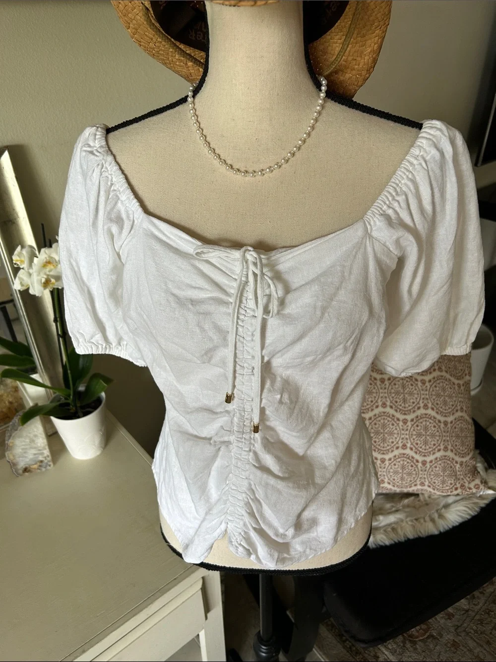 Michael Kors Women white Linen Puff Sleeve cottage western Blouse Top S